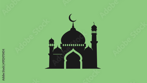 A serene mosque silhouette stands against a vibrant green background with a crescent moon.
