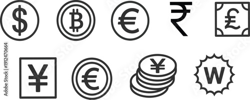 Collection of global currency symbols including dollar euro bitcoin pound yen rupee and won icons for financial and banking business designs.