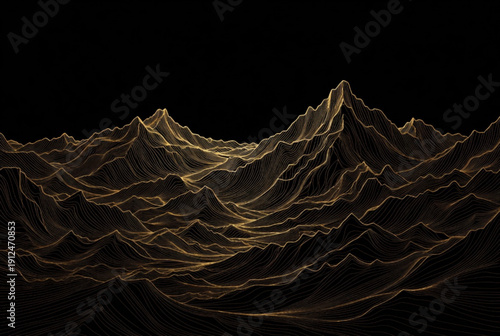 Abstract dark topographic mountain landscape with glowing gold contour lines.