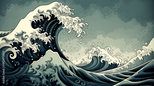 浮世絵風の青い大波と白いしぶきの抽象イラスト背景