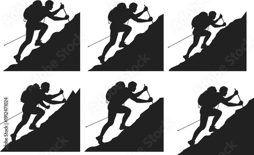Mountain Climber Silhouette Collection Featuring Hiking and Trekking Adventure Figures with Backpack and Poles Isolated Black Vector Set on White Background