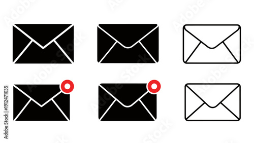 Collection of email envelope icons with notification badges illustrating messages and digital communication elements.