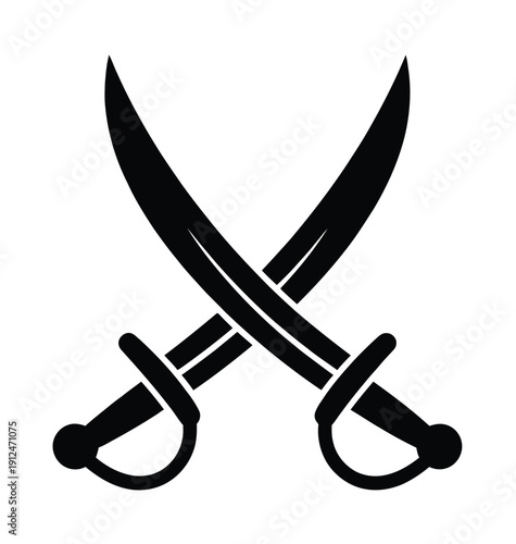 Crossed Swords icon, solid black silhouette of two curved swords in minimal flat vector logo style, centered on white background, suitable for gaming, fantasy design, emblems, logos, websites, and dig
