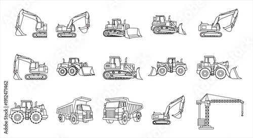 Construction Vehicle Icon Set – Heavy Machinery Line Vector for Engineering and Infrastructure Work