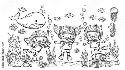 Children Snorkeling Underwater with Marine Life Coloring Page.