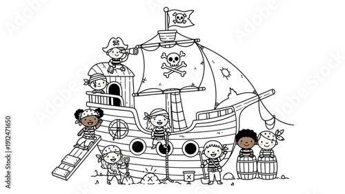 Cartoon kids pirate ship play.