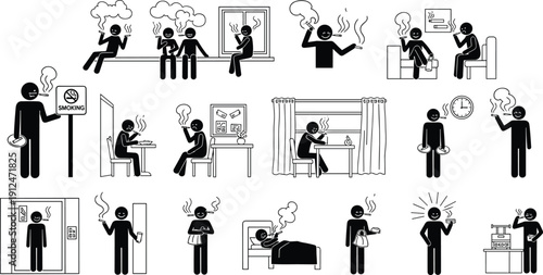 Smoking icons, cigarette pictograms, health risk silhouettes, lifestyle vector set, public smoking graphics, no smoking symbols, addiction illustrations, daily routine signs
