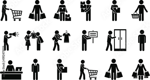 Shopping, retail, customer, store, icon, set, buyer, purchase, bag, cart, cashier, sale, market, silhouette, vector, illustration, commerce, lifestyle, design, collection