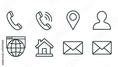 Collection of communication and location icons including phones, map pin, user, globe, institution, and envelopes in a simple line style.