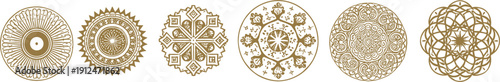 Golden circular mandala ornament set with intricate geometric symmetry and decorative ethnic line art vector designs