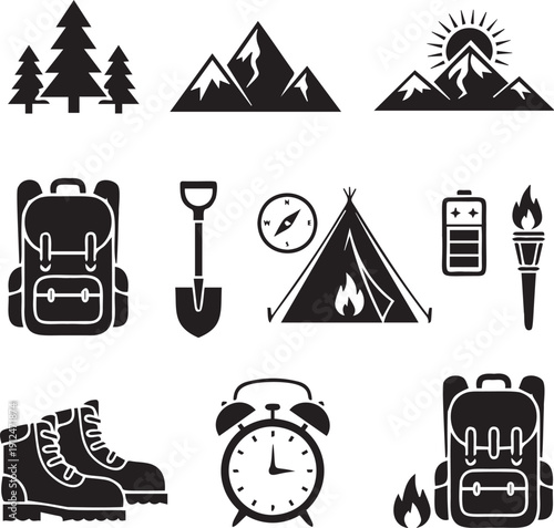 Outdoor camping and hiking icons including trees, mountains, backpack, shovel, compass, tent, battery, torch, boots, and alarm clock