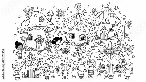 Fantasy Mushroom Village Scene Illustration.