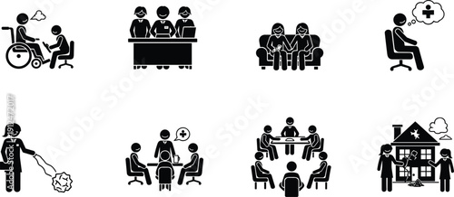 Social, service, support, people, icon, set, community, healthcare, counseling, charity, volunteer, meeting, help, silhouette, vector, illustration, teamwork, care, design, collection