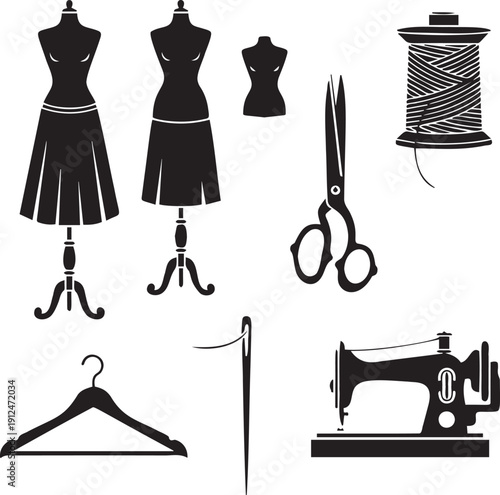 Sewing equipment and dress forms silhouettes, fashion design, tailor shop, needle, thread, scissors