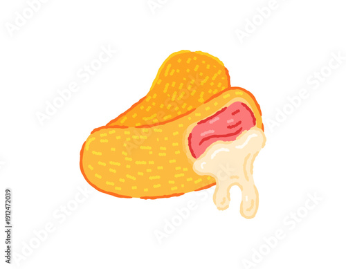 Illustration of two mayo spring rolls. Rissoles with meat or sausage and melted mayonnaise sauce. Food, snacks, fried food. Symbol, clipart, sticker. Flat style outline crayon. White background