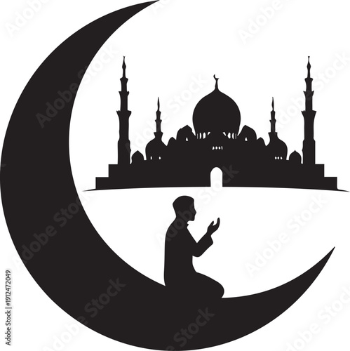 Islamic prayer silhouette with mosque dome and minarets in front of large crescent moon for ramadan kareem and eid mubarak design