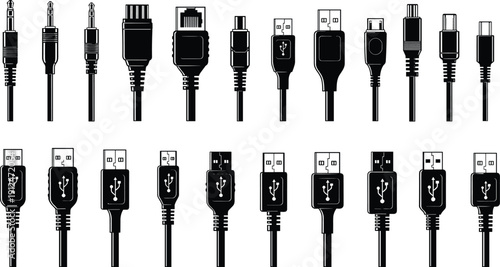 USB cable and audio jack connector silhouette vector set, electronic plug collection, technology interface icons isolated on white background illustration