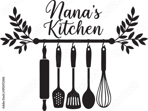 Kitchen wall art design for grandmothers cooking space featuring hanging utensils and rolling pin with decorative leaf branches