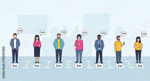 Diverse group of people standing with social distancing markers.