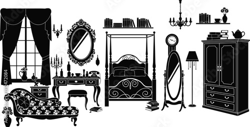Vintage bedroom interior silhouette, elegant canopy bed, antique furniture, vanity table, chandelier, grandfather clock, bookshelf, timeless classic decor
