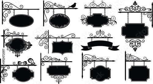 Vintage hanging signboard silhouettes set, ornamental shop signs, retro wrought iron frames, decorative business banner vector illustration isolated collection pack