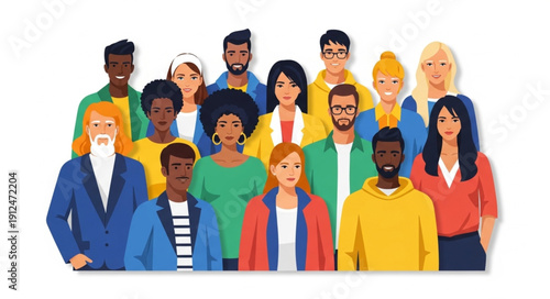 Diverse group of people standing together illustration.