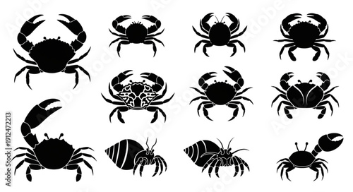 Collection of diverse crab silhouettes in various poses.