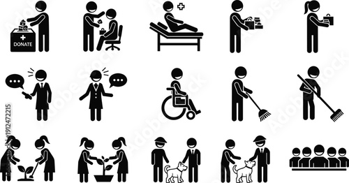 Volunteer and community service silhouettes set, charity donation, medical help, cleaning, planting, social support, teamwork people icons vector illustration pack