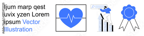 Healthcare, business growth, online search, data analysis, certification, achievement. Blue heart with pulse line, person searching on bar graph and award ribbon. Healthcare and business growth