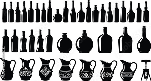Wine bottle and jug silhouette vector set, vintage glass containers collection, winery bar icons isolated, alcohol beverage outline illustration pack
