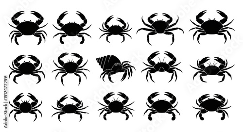 Collection of black crab silhouettes on a white background.