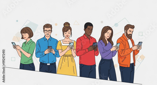 Diverse group of people engrossed in their mobile phones.