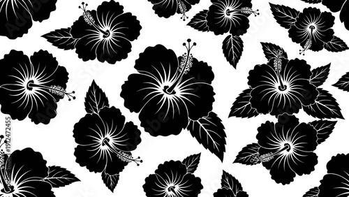 Black and White Hibiscus Flowers Pattern.