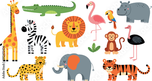 Cute Cartoon Safari and Jungle Animals Collection in Flat Vector Style Featuring Colorful Wild Animal Characters for Kids Designs