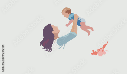 Modern minimal watercolor silhouette mother lifting baby happy mothers day parenting celebration vector isolated on transparent background