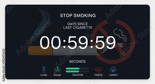 Stop smoking timer interface showing days since last cigarette with health icons and smoke effect concept for health and wellness