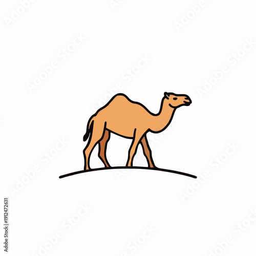 Single Hump Camel Silhouette Walking Across A Sand Dune Under Clear White Sky