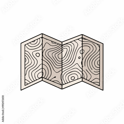 Topographic map folded paper showing contour lines and elevation changes in a detailed illustration with a light beige background and a simple outline style