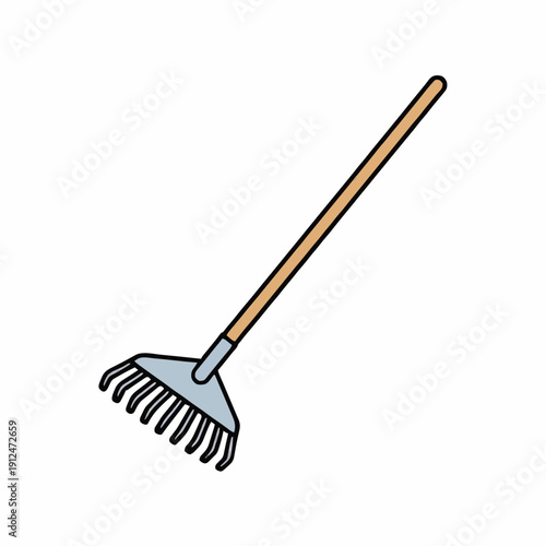 A Simple Garden Rake With A Wooden Handle And Metal Tines On A White Background