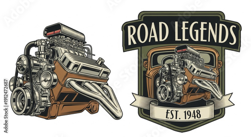Vintage V8 Engine and Road Legends Emblem.
