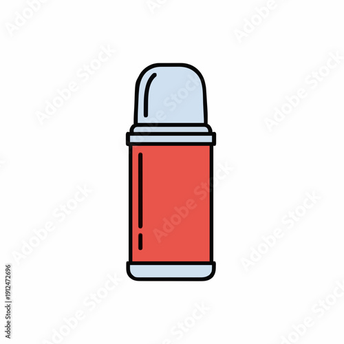 A simple illustration of a red and light blue thermos bottle with a white background