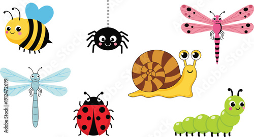 Cute garden insects collection bee dragonfly snail caterpillar cartoon vector illustration set isolated background