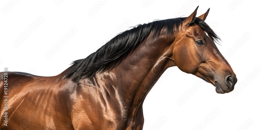Obraz premium Majestic Brown Bay Horse Galloping Side Profile Isolated on White Background