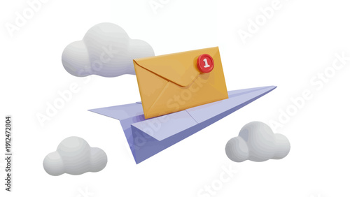 Flying envelope on a paper plane delivering mail through clouds in a bright, playful illustration.