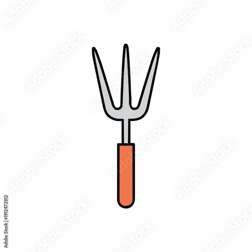 Single Handheld Garden Fork Tool With Orange Handle Isolated On White Background For Gardening Tasks