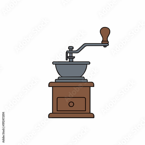 Vintage Manual Coffee Grinder with Wooden Base and Metal Hopper with Handle