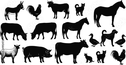 Farm animal silhouettes, donkeys, roosters, cows, cats, horses, bulls, ducks, dogs, sheep, pigs, vector art, livestock illustration