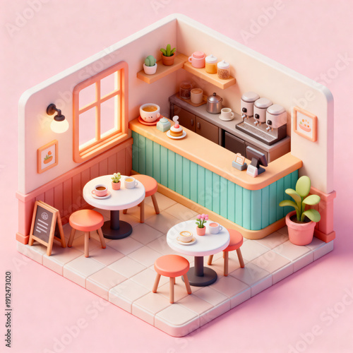 Wallpaper Mural パステル調のかわいいアイソメカフェゲーム空間 Torontodigital.ca