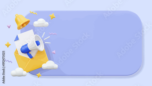 Vibrant illustration of a megaphone emitting confetti and clouds for announcements and celebration.
