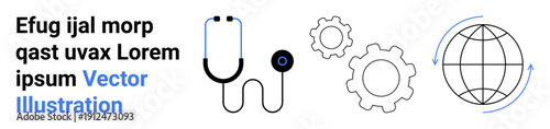Healthcare services, technology integration, global connectivity, telemedicine, innovation, diagnostics. Stethoscope, gears and globe icon health technology and global outreach. Healthcare